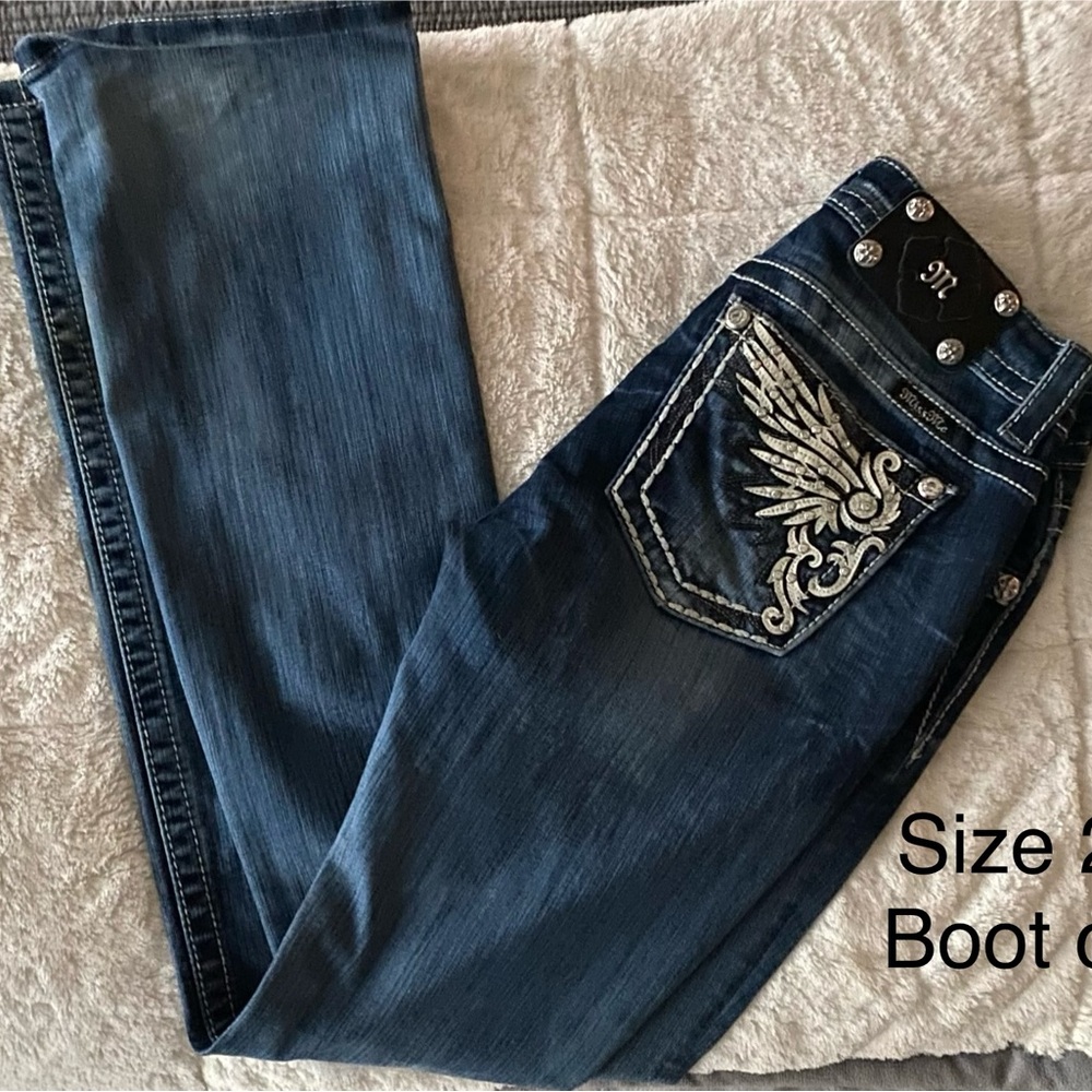 Miss Me Dark Blue Boot Cut Jeans with Silver Embellishments